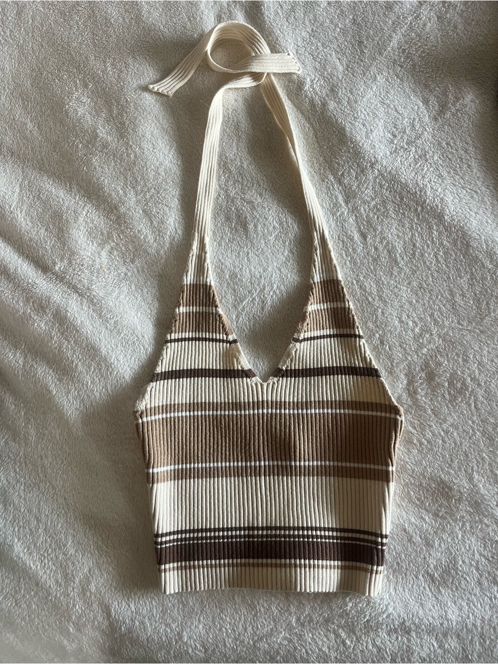 Ribbed Halter Crop Top - Cream & Brown Stripe